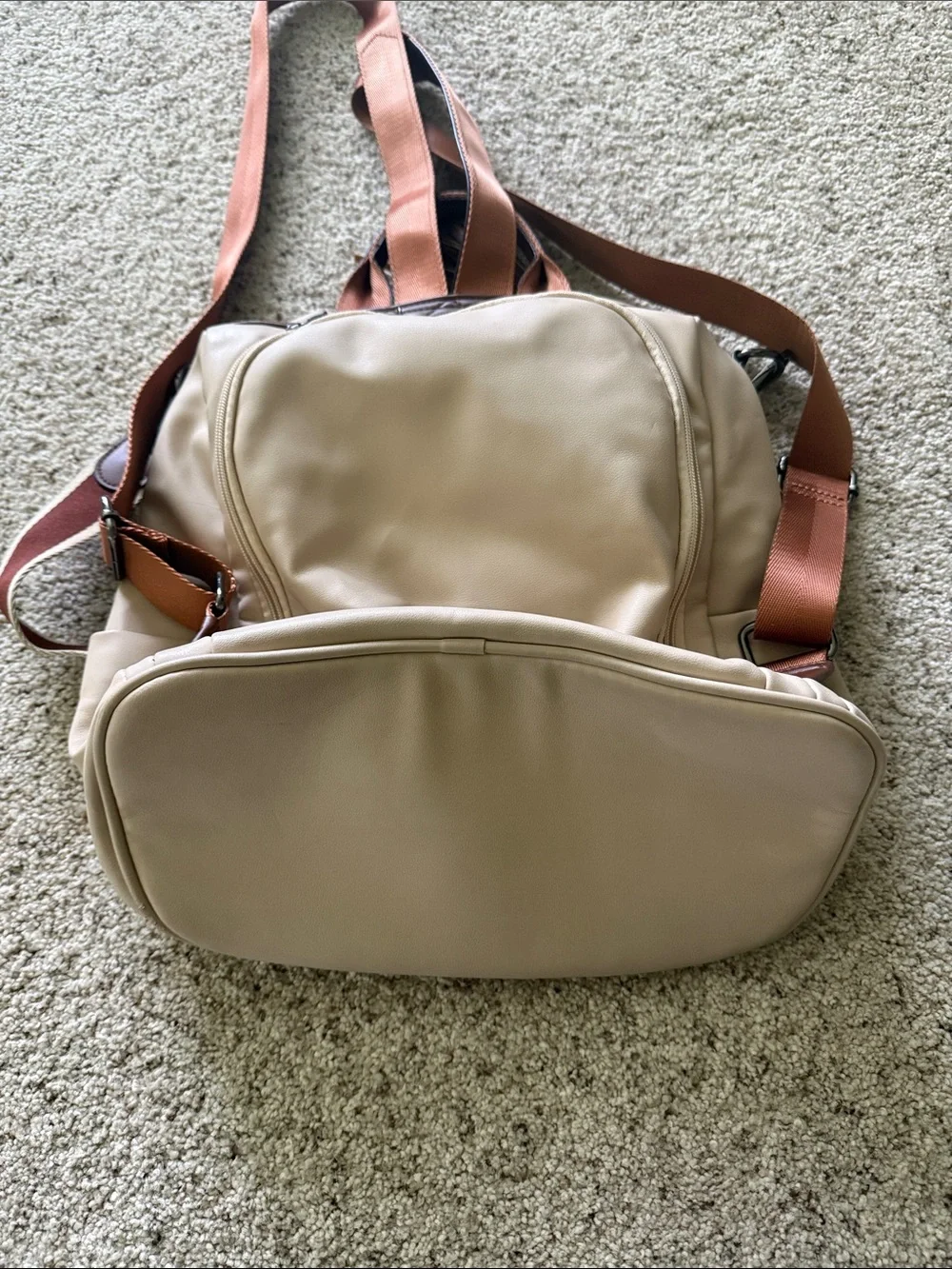 Beige Everyday Backpack with Brown Accent Strap
